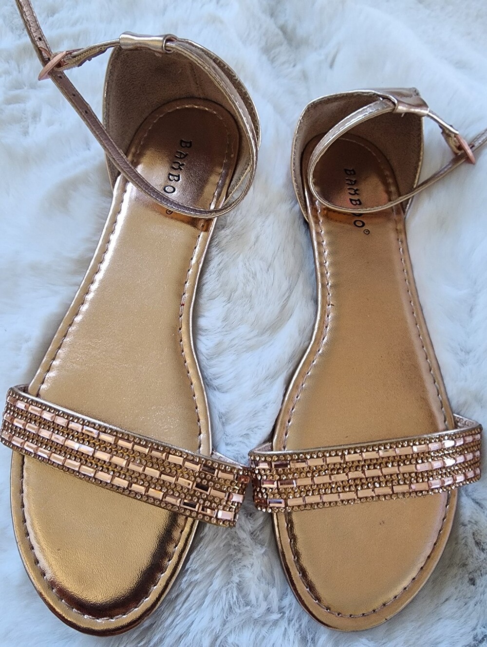 BAMBOO Rose Gold Ankle-Strap Embellished Sandals